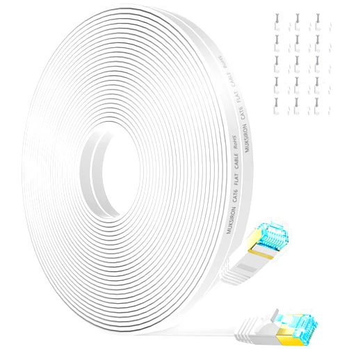 MUKSIRON Cat 6 Ethernet Cable 50 ft,Flat Internet Network LAN Patch Cords – Solid Cat6 High Speed Computer Wire with Clips& Snagless Rj45 Connectors for Modem,Router,Outdoor&Indoor - 50 feet White