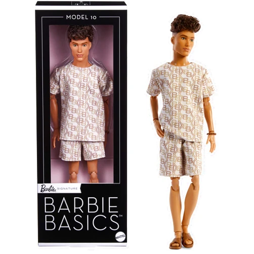 Barbie Basics Model Collector Ken Fashion Doll 10 with Brunette Hair in Shirt & Shorts with Matching Print, Universal-fit Fashions & Posable Body