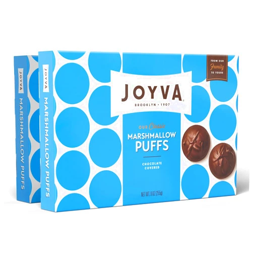 Joyva Classic Marshmallow Puffs | Pack of 2, 9oz Boxes | Fluffy Marshmallow Center with Smooth Dark Chocolate Coating | Kosher Parve | Free of Dairy, Gluten, Soy, and Preservatives