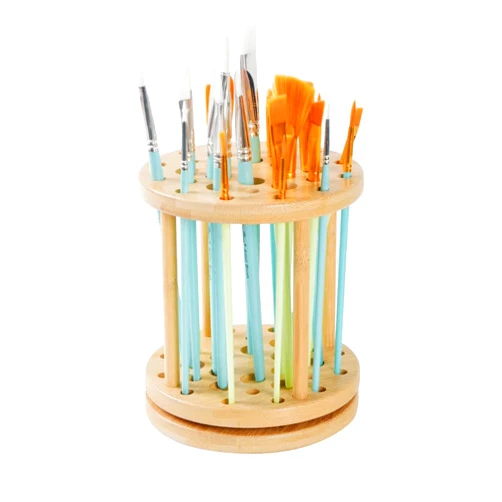 Yeeyeah 360 Rotating Paint Brush Holder Bamboo Paint Brush Tray Holder Rack-Large Capacity Watercolor Paint Brush Holder Display Stand and Organizer for Desk, Arts and Crafts