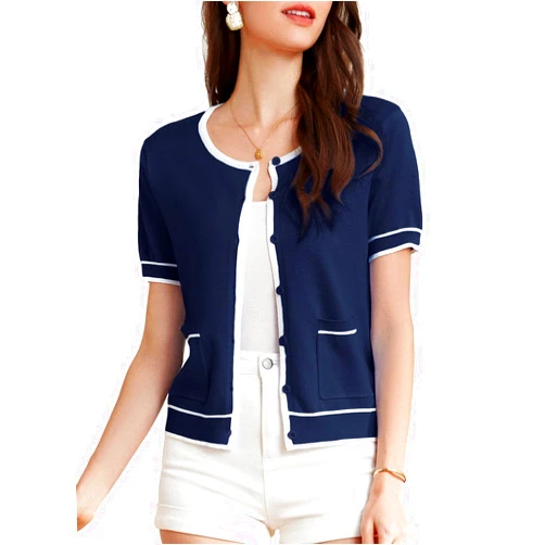 GRACE KARIN Short Sleeve Contrast Cardigan Sweaters for Women Summer Casual Striped Button Down Bolero Shrug