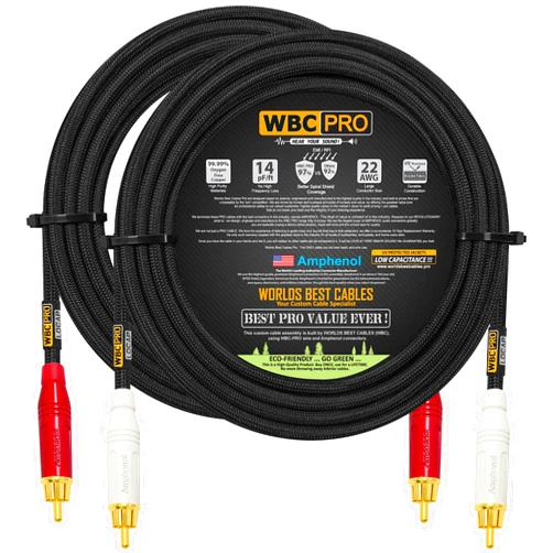 WORLDS BEST CABLES 20 Foot RCA Cable Pair - WBC-PRO-LOCAP Low-Capacitance (14pF/ft) 22 AWG Ultra-Silent Audiophile & Professional-Grade Audio Interconnect Cable with Amphenol ACPR Gold RCA Plugs & Black Tweed Jacket