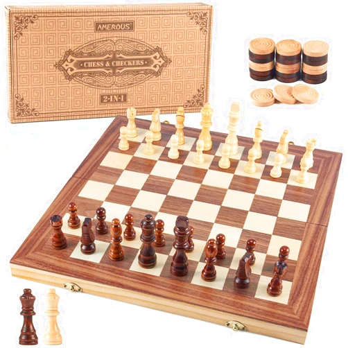 AMEROUS 15'' Wooden Chess & Checkers Set, 2 in 1 Board Games -2 Extra Queens -24 Cherkers Pieces - Gift Box Packed - Chessmen Storage Slots, Beginner Chess Set for Kids and Adults