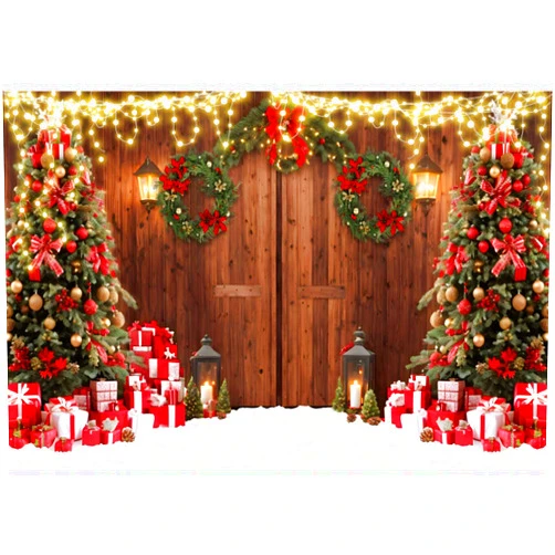Dnldliq 9x6ft Christmas Wood House Backdrop Rustic Barn Door Glitter Christmas Tree Photography Background Snowy Wreath Gift Xmas Party Family Holiday Party Decorations Banner Photo Booth Props