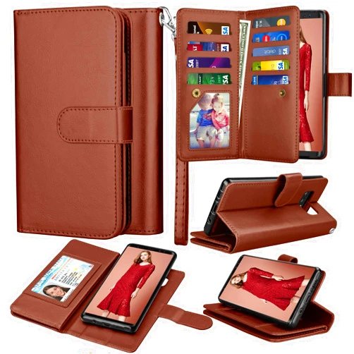 Tinysaturn Galaxy Note 8 Wallet Case, Galaxy Note 8 Phone Case PU Leather Wallet Flip with 9 Card Slots/Holder [Wrist Strap] Magnetic Detachable Wallet Case for Samsung Galaxy Note 8 6.3 inch-Brown