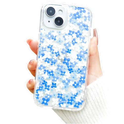 Dumkery Designed Cute Blue Flowers Case Compatible with iPhone 13 Case, Clear Floral iPhone 14 Case with Aesthetic Pattern, PC and TPU Full Body Protection Shockproof Slim Cases Cover for Girls Women