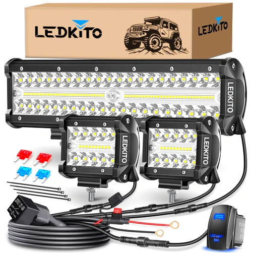LEDKITO 12 Inch LED Light Bar and 2PCS 4 Inch LED Pods with Rocker Switch 16AWG 3 Lead Wiring Harness Kit Off Road Light Bar Spot Flood Combo Triple Row Light Bar for Je-ep UTV Truck Tractor