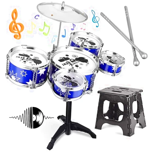 Beenavee Kids Drum Set,Jazz Drum Musical Toys, 5 Drum with Stool Mini Band Rock Set,Toddler Educational Percussion Musical Instrument Drum Toy, Birthday Gift for Kids Gift Set