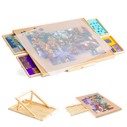 Tektalk Jigsaw Puzzle Table with Integrated Adjustable Stand/Bracket and Removable Cover, 3-Tilting-Angle Wooden Plateau Portable Puzzle Board with 4 Sorting Drawers, for Up to 1500 Pieces