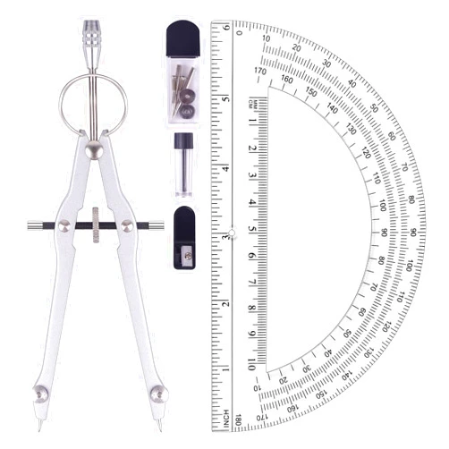 Unjoo Compass and Protractor Set, Professional Drawing Compass Tool, Metal Compass with Extra Refills, Compass for Geometry and 6 Inch Math Protractors 180 Degree (Silver)