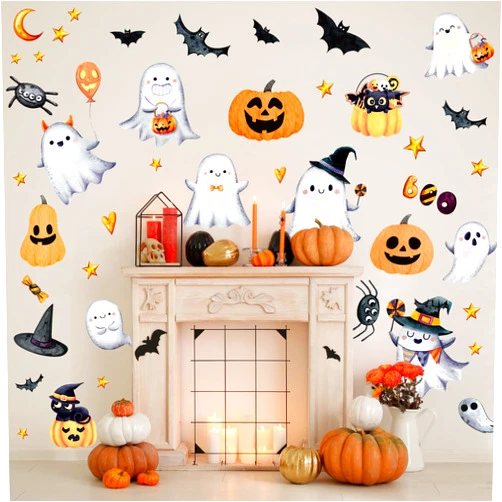 Whaline 9 Sheets Halloween Cartoon Wall Stickers Cute Ghost Boo Pumpkin PVC Wall Decals Watercolor Self-Adhesive Wall Decoration for Home Party Classroom Office