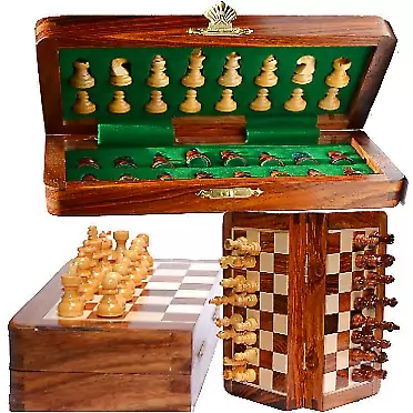 ChessBazar 10x10” Chess Set Chess Set with Bag - Folding Standard Magnetic Travel Chess Board Game Handmade in Fine Acacia wood with Storage for Chessmen
