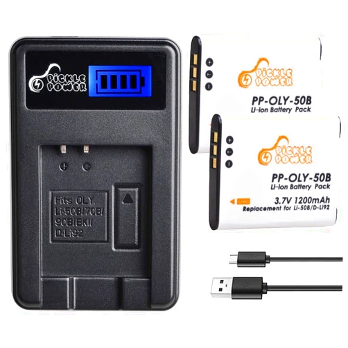 Pickle Power Li-50B Battery,Pickle Power 2 Pack D-Li92 batteries and Slim LCD USB Charger Compatible with Olympus SZ-15, SZ-16 iHS, Tough 6000,6020,8000,8010, MJU 1010, 1020(1200mAh, 3.7V)