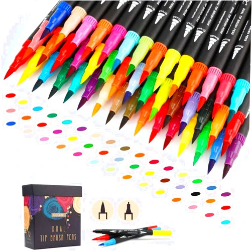 GC 72 Colors Dual Tip Brush Pens Highlighter 72 Art Markers 0.4mm Fine liners & Brush Tip Watercolor Pen Set for Adult and kids Coloring Books, Calligraphy, Hand Lettering, Note Taking