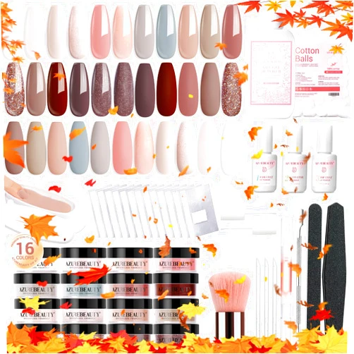 AZUREBEAUTY 130 Pcs Dip Powder Nail Kit,16 Colors Nude Pink Shine Brown Gray Dip Powder Liquid Set with Professional Remover/Top/Base Coat/Activator for Nails Art Manicure DIY Salon Women.