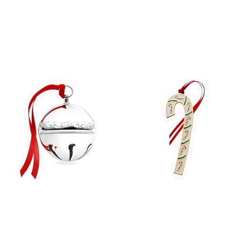 Wallace 51st Edition 2021 Silver Plated Sleigh Bell Ornament and 41st Edition Gold Plated & Enameled Candy Cane Ornament