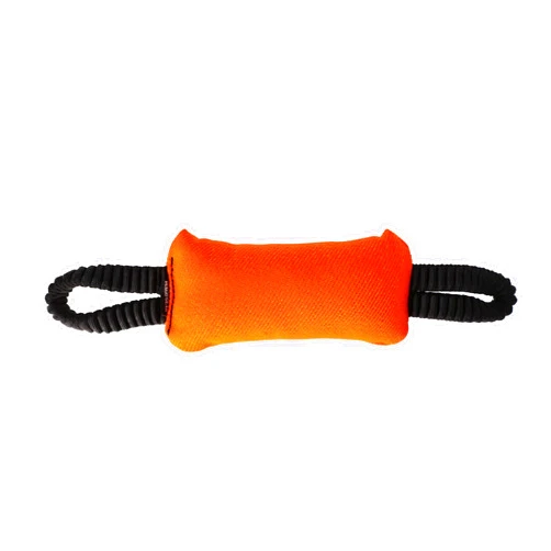 DINGO GEAR WWW.DINGOGEAR.COM 1977 Dingo Gear French Linen tug Toy for Dog Training, bite Pillow for Dog, Reward, tug of war, with Bungee Handle, Handmade, Orange S02822