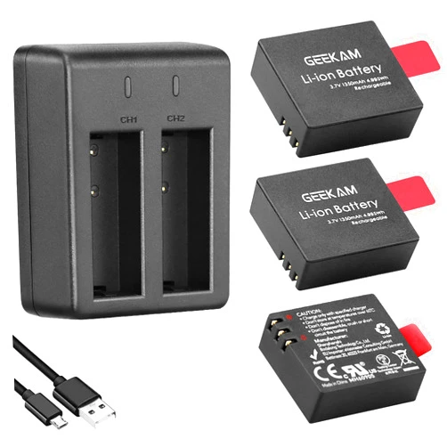 GEEKAM Action Camera Battery Pack, 1350mAh Rechargeable Battery(3-Pack) with USB Dual Charger for Sports Camera, Compatible with AKASO EK7000/CAMPARK/CROSSTOUR/APEMAN and More