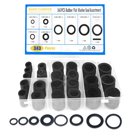 BUSY-CORNER 343 Pieces Rubber Flat Washer Gasket Assortment, Buna-N 70A, 8 Sizes, for Everyday Washer Needs, Ideal Repair Kit for Faucet or Plumbing
