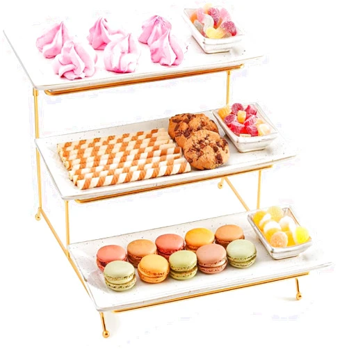 TK Tartle Kitchen 3 Tier Serving Tray Stand - Sturdy, Collapsible Gold Tiered Stand, Three Ceramic Serving Platters and Matching Dip Bowls for Stunning Displays