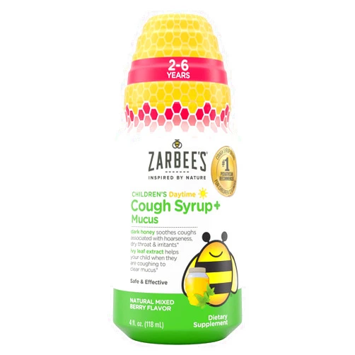 Zarbee's Zarbee’s Kids Cough + Mucus Daytime for Children 2-6 with Dark Honey, Ivy Leaf, Zinc & Elderberry, #1 Pediatrician Recommended, Drug & Alcohol-Free, Mixed Berry Flavor, 4FL Oz