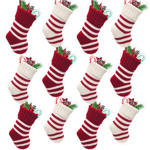 LimBridge Christmas Mini Stockings, 12 Pack 9 inches Knit Knitted Stripe Rustic Holiday Decorations, goodie Bags for Family Friends, Cream Burgundy