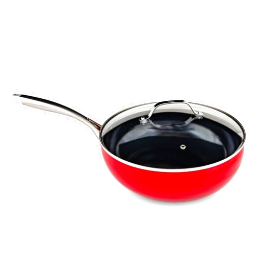 DiamoTech Diamond Ceramic Coated Nonstick Wok, Healthy Cooking, Utensil Safe, 100% PTFE/PFOA/PFOS Free, Ultra-Durable Coating, Ergonomic Handle (Red, 12