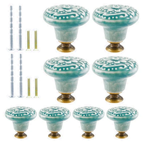 Suiwotin 8pcs Green Ceramic Knobs, Vintage Kitchen Cabinet Knobs Pulls, Retro Ceramic Dresser Knobs, Decorative Drawer Pull Knob Handles for Closet, Cupboard, Furniture Door Knobs