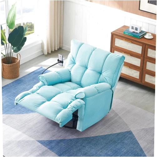 FREESNOOZE Teddy Velvet Single Recliner Sofa, Manual Recliner Rocker Chair with Phone Stand for Living Room, Bedroom(Cyan)