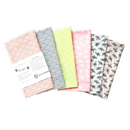 ZEN GIFT ENTERPRISE Japanese Towel Tenugui with Fray Prevention Processing, Traditional, Seigaiha Orizuru Pattern Set of 6, 12.99 x 34.64 in, Made in Japan