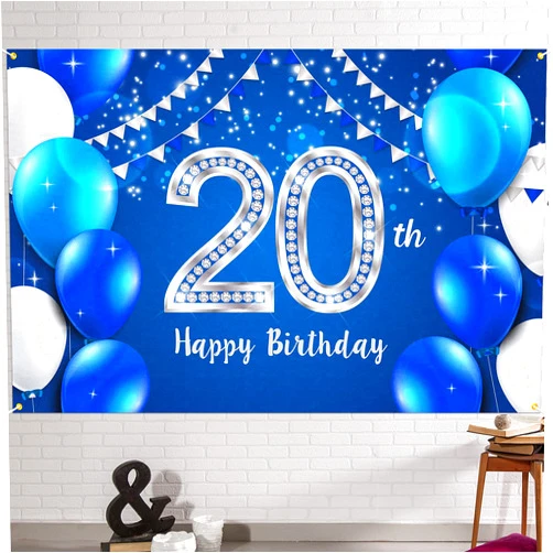 HAMIGAR 6x4ft Happy 20th Birthday Banner Backdrop - 20 Years Old Birthday Decorations Party Supplies for Women Men - Blue Silver