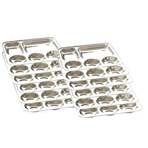 Kitchen kemistry Premium Stainless Steel Luxurious 5 In 1 Three Compartment Divided Dinner Plate/Partition Thali/Partition Plate -Set of 12