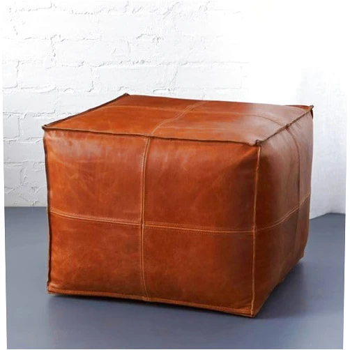 LEATHEROOZE Buff Leather Square Pouf Stuffed - Moroccan Ottoman Footstool, Footrest Cover - Boho Decor - Bohemian Living Room, Bedroom, Kids Room, Gift & Wedding