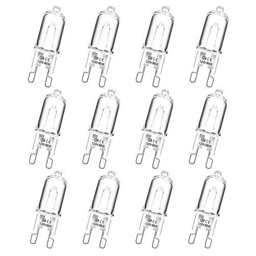 WeshLMPO G9 Bulb 12 Pack, 120V 60W Dimmable G9 Halogen Light Bulbs 2 Pin Base JCD Type, for Range Hood Light, Chandeliers, Pendants, Cabinet Lights, 2700K Warm White