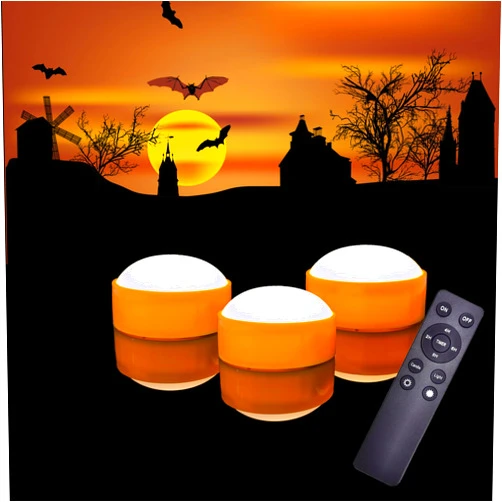 IZAN 3 Pack Halloween Pumpkin Lights with Remote and Timer, Bright Flickering Battery Operated LED Light Flameless Candle Set for Pumpkin Décor Jack-O-Lantern Halloween Party Home Decorations, Orange Color