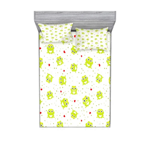 Lunarable Animal Fitted Sheet & Pillow Sham Set, Illustration of Frog Prince on Heart Dotted Retro Background Love Romance, Decorative Printed 3 Piece Bedding Decor Set, Queen, White Green