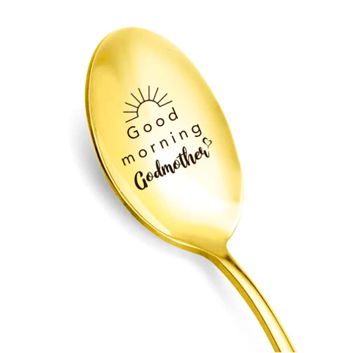 Aakihi Best Godmother Gifts - Good Morning Godmother Spoon - Funny Gold Plating Spoon Engraved Stainless Steel - Tea Coffee Spoon - Godmother Gifts from Godchild - Mother's DayBirthdayChristmas Gifts