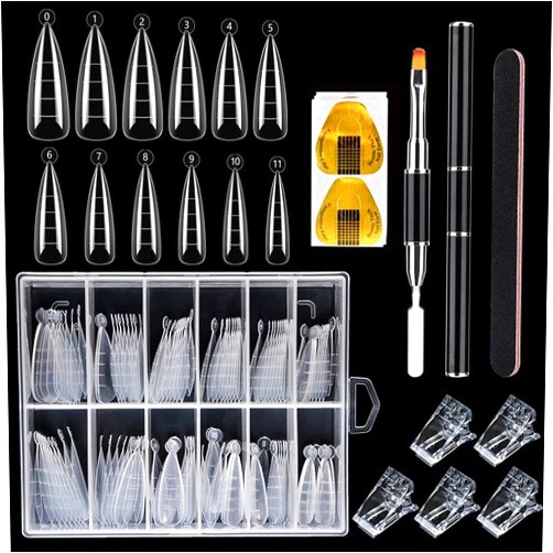 LIONVISON Nail Dual Forms for Polygel,120Pcs Stiletto Shape Extension Molds Clear Acrylic Nail Tips,100Pcs Nail Forms Stickers for Polygel with Dual-Ended Nail Brush and Nail File