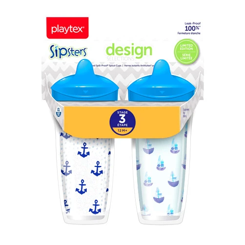 Playtex Baby Sipsters Stage 3 Spill-Proof, Leak-Proof, Break-Proof Spout Cup for Boys - Blue, Limited Edition, 9 Oz, 2 Count