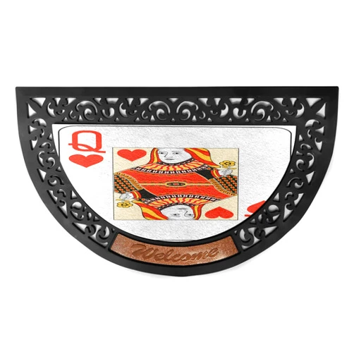 Ambesonne Queen Doormat, Queen of Hearts Playing Card Casino Design Gambling Game Poker Blackjack, Semi Circle Entryway Welcome Mat for Front & Backard 2 Pieces, 19.6