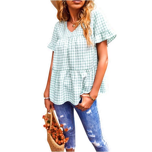 KAYWIDE Women's Fall Plaid Tops V Neck Long Sleeve Blouses Shirt Casual Ruffles Loose Tunic Tops