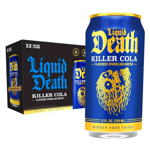 Liquid Death, Killer Cola, Soda-Flavored Sparkling Water, 12-Pack (12oz Cans), Low Calorie & No Artificial Sweeteners