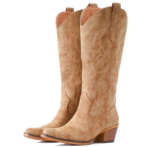 IUV Cowboy Boots For Women Western Cowgirl Boots Mid Calf Snip Toe Boot With Chunky Heel