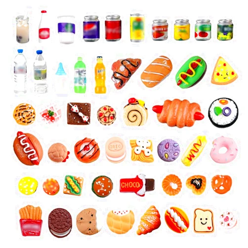 Kapeiluo 50Pcs Miniature Food Drinks Bottle Soda Pop Cans, Pretend Play Mini Kitchen Game Party Accessories Toys Hamburg Cake Ice Cream for 1/12 Doll House