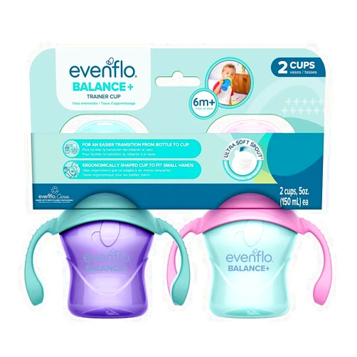 Evenflo Balance+ Trainer Cup with Ultra Soft Spout, Purple & Mint with Pink & Teal Handles, 5oz, 2 Pack, for 6+ Months
