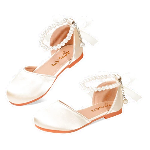 KDVOG Toddler Girls Dress Shoes Flower Girl Satin Mary Jane Ballet Flats Pearls Strap Bowknot Wedding Communion Princess Shoes