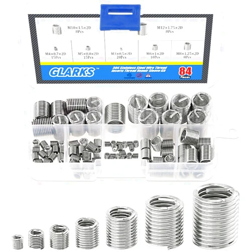 Glarks 84Pcs 304 Stainless Steel Wire Thread Inserts Thread Repair Sleeve Kit, Metric M3 M4 M5 M6 M8 M10 M12 Steel Sheath Coiled Wire Helicoil Type Screw Repair Insert Assortment Kit