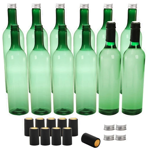 WUWEOT 12 Pack Plastic Wine Bottles, 750ml Empty Bordeaux-Style Liquor Bottles, Green Long Neck WIne Bottles with Screw Lid and Shrink Capsules Caps