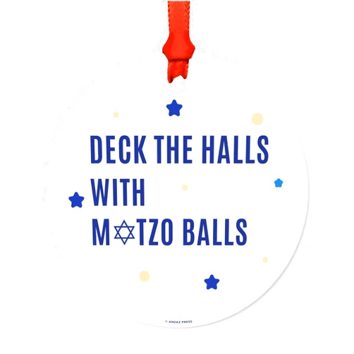 Andaz Press Funny Jewish Family Hanukkah Metal Ornaments, Deck The Halls with Matzo Balls, 1-Pack, Includes Ribbon and Gift Bag, Bar Bat Mitzvah Gift Ideas