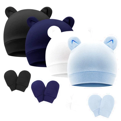 DRESHOW BQUBO Newborn Baby Bear Ears Hats and Mittens Sets Preemie Cotton Caps Baby Boy Girl Infant Hospital Beanie